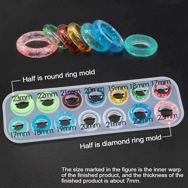 Moule en résine de silicone pour anneau, moule de fabrication de bijoux époxy (coupe ronde à 7 cavités, forme de coupe rhombique à 7 cavités, taille 17-23 mm)