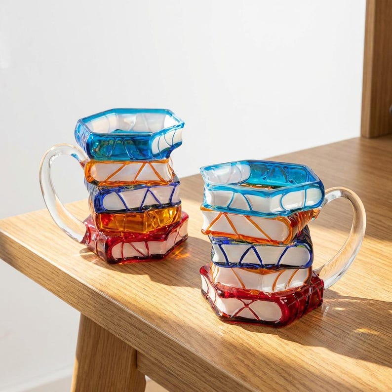 May include: Two colorful glass mugs with a unique stacked book design. Each mug features a clear handle and is composed of layers of red, orange, white, and blue glass, creating a vibrant and artistic appearance. The mugs sit on a wooden surface.