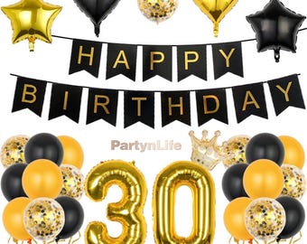 Decoraciones para su 30.º cumpleaños, elegante conjunto de globos de aluminio dorado y negro, decoraciones para fiestas.