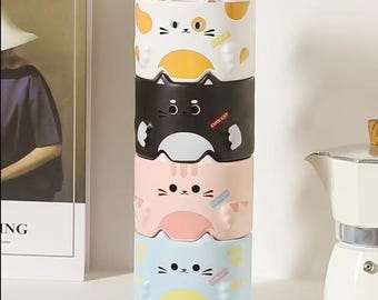 Juego de 4 tazas apilables con diseño de gato / Tazas de café de cerámica Kawaii de 320 ml / Regalo para amantes de los gatos / Decoración estética para escritorio, juego de tazas de té, regalo acogedor para la cocina