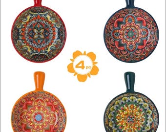 Bohemian Ceramic Soup Bowls with Handles Set of 4, Colourful Mandala Single Handled Oven Dish, French Onion Tapas Serving Bowls UK