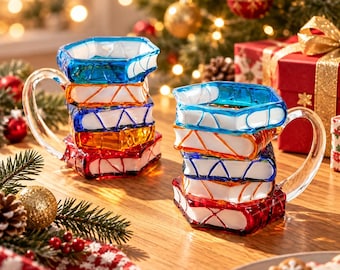 Stacked Books Glass Mug, 420ml Coffee Cup, Colourful Bookish Tea Cup UK