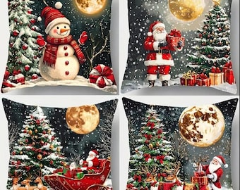 Set of 4 Christmas Cushion Covers 18x18, Vintage Winter Full Moon Pillow Cases, Santa Reindeer Snowman Xmas Sofa Decor Festive Holiday Gift