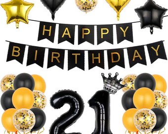 Decoraciones para su 21 cumpleaños, elegante conjunto de pancarta de globos de papel de aluminio dorado y negro, decoraciones para fiestas.