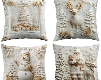 Set of 4 Christmas Cushion Covers 18x18, 3D Embossed Effect Xmas Pillow Cases, White Gold Reindeer Santa Snowman Winter Holiday Decor Gift