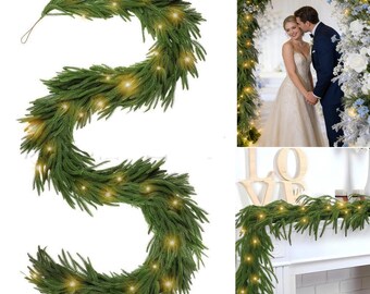 9FT Real Touch Norfolk Pine Garland with 10M LED Lights, Pre lit Christmas Greenery, Winter Holiday Table Runner, DIY Mantle Staircase Decor