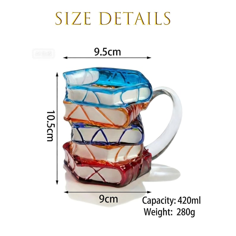May include: A colorful glass mug shaped like a stack of books. The mug is 10.5 cm tall, 9.5 cm wide, and 9 cm deep. It has a capacity of 420ml and weighs 280g. The mug features blue, orange, and red book spines. The handle is clear glass.