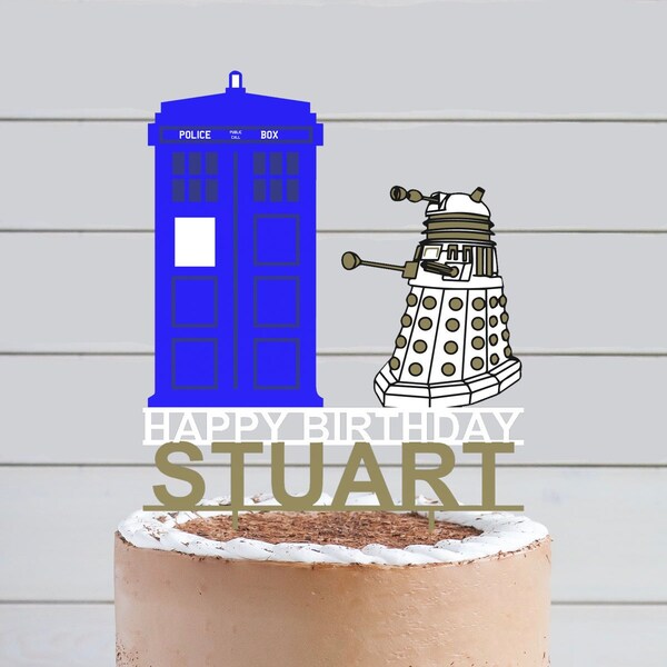 Dr Who Tardis Dalek Personalised Custom ANY COLOUR Mens Birthday PLASTIC Cake Topper