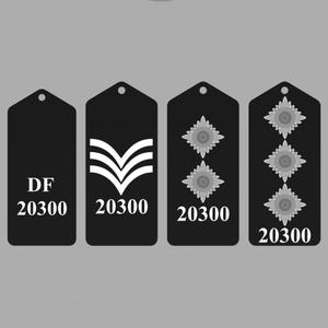 May include: Four black rectangular tags with white text and symbols. The first tag says "DF 20300". The second tag has three white chevrons. The third tag has three white six-pointed stars. The fourth tag has three white six-pointed stars and says "20300".