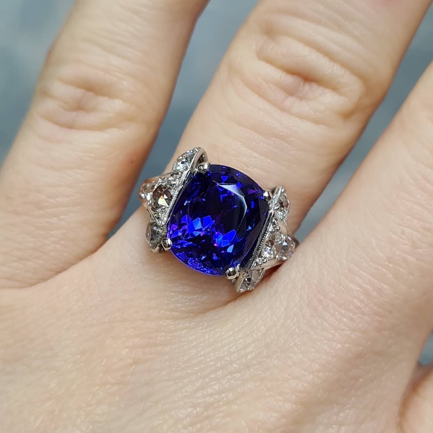 VINTAGE STYLE ART DECO 3 STONE BLUE SAPPHIRE DIAMOND RING 14k WHITE GOLD  ROUND