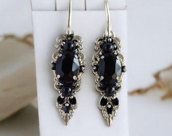 Black crystal earrings, Filigree earrings chic gifts, Festive earrings best holiday gifts, Original earrings for sentimental gifts.