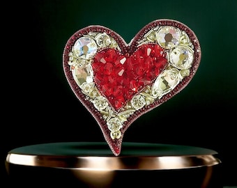 Beaded heart brooch, Symbol of love red heart sentimental gifts, Crystal brooch bonus mom gift, Handmade heart pin.