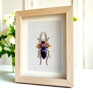Framed Embroidered Beetle Wall Art: Beaded Insect Decor