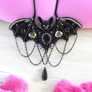 Gothic Bat Necklace: Beaded Vampire Wing Pendant, Halloween Jewelry