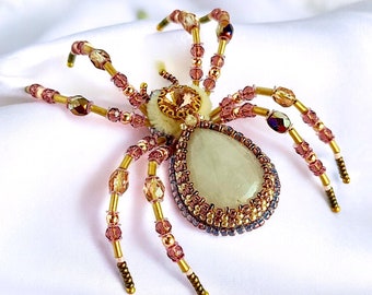 Crystal spider brooch beaded spooky bug, Insect jewelry good luck gifts, Spooky season handcrafted creepy cute festive xmas gift.