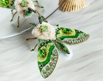 Green moth pin, Embroidered moth brooch, Cheer up gift for women, Handmade insect pin best teacher gift, Whimsical biology jewelry.