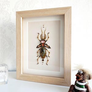Framed Beetle Embroidered Wall Art: 3D Insect Shadowbox Decor