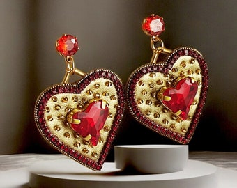 Beaded heart earring, Red gold earrings heart shaped for bonus mom gift, Dainty heart stud for sentimental gifts, Everyday earrings stud.