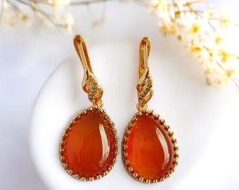 Delicate drop casual earrings, Agate earrings for bonus mom gift,  Teardrop dangle everyday earrings best teacher gift, Orange gemstone drop