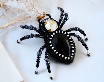 Black spider brooch, Beaded spider for goth gifts, Gothic brooch for Good luck gifts, Insect pin Arachnid for best holiday gifts.