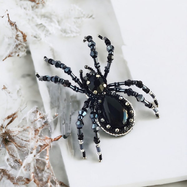 Beaded spider brooch, Black spider brooch goth gifts for her, Brooch gothic for Good luck gifts, Insect brooch Arachnid best holiday gifts.