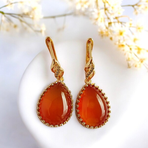 Delicate drop casual earrings, Agate earrings for bonus mom gift,  Teardrop dangle everyday earrings best teacher gift, Orange gemstone drop