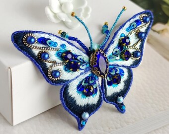 Blue Butterfly Pin - Hand Embroidered Whimsical Insect Brooch, Cottagecore Nature Jewelry
