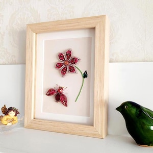 Framed beetle art handmade wall decor gifts Mini framed bugs art Insect lover wall hanging red aesthetic decor Original 3d artwork.