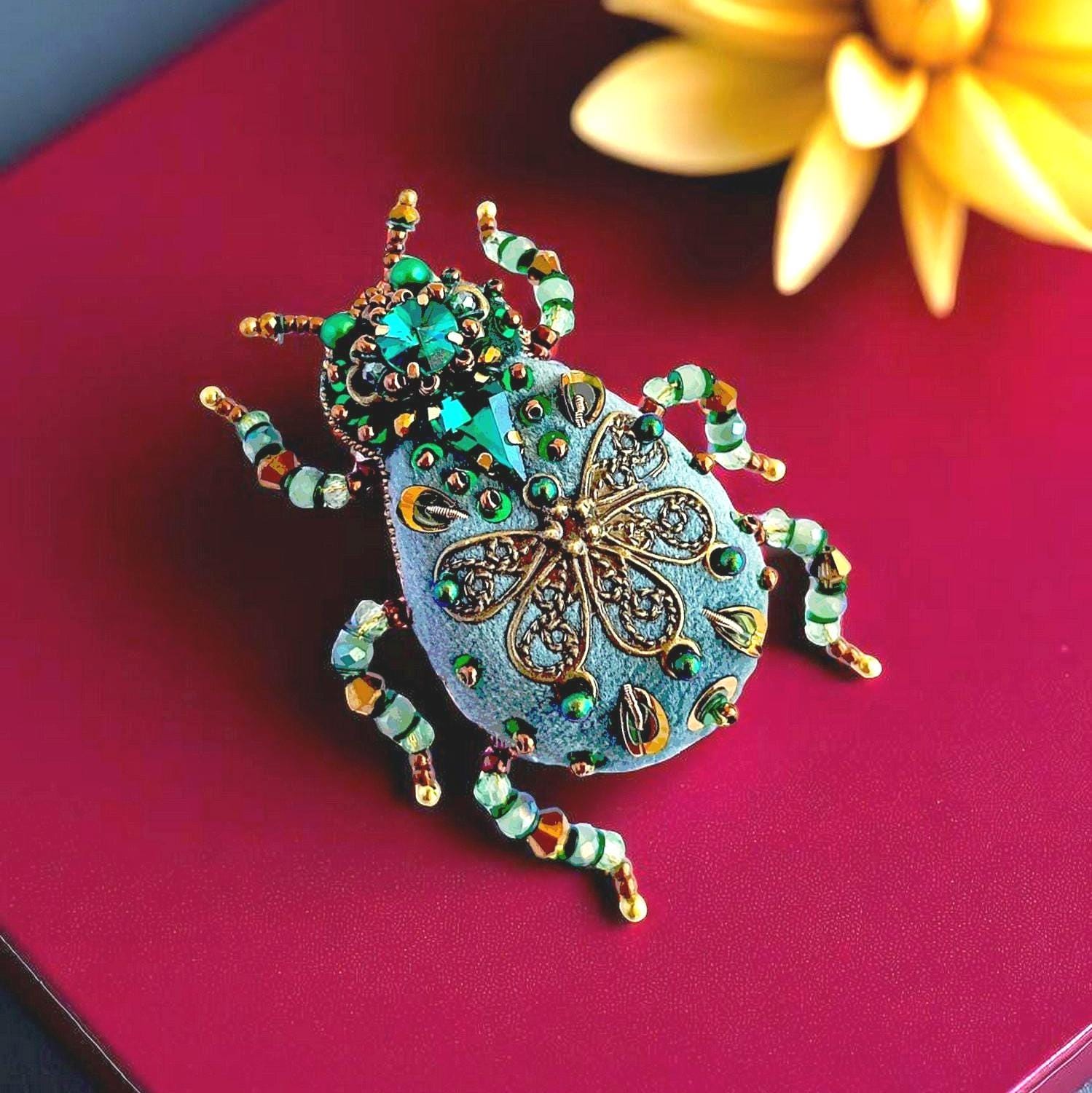 Green bug brooch Vintage inspired textile art jewellery Embroidered artwork beetle pin godmother auntie mom cottagecore insect lover gift.