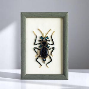 Embroidered Beetle Wall Decor: Beaded Insect Art, Framed Bug Ornament