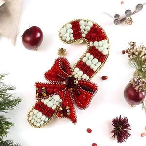 Beaded Candy Cane Brooch: Xmas Holly Pin, Holiday Jewelry