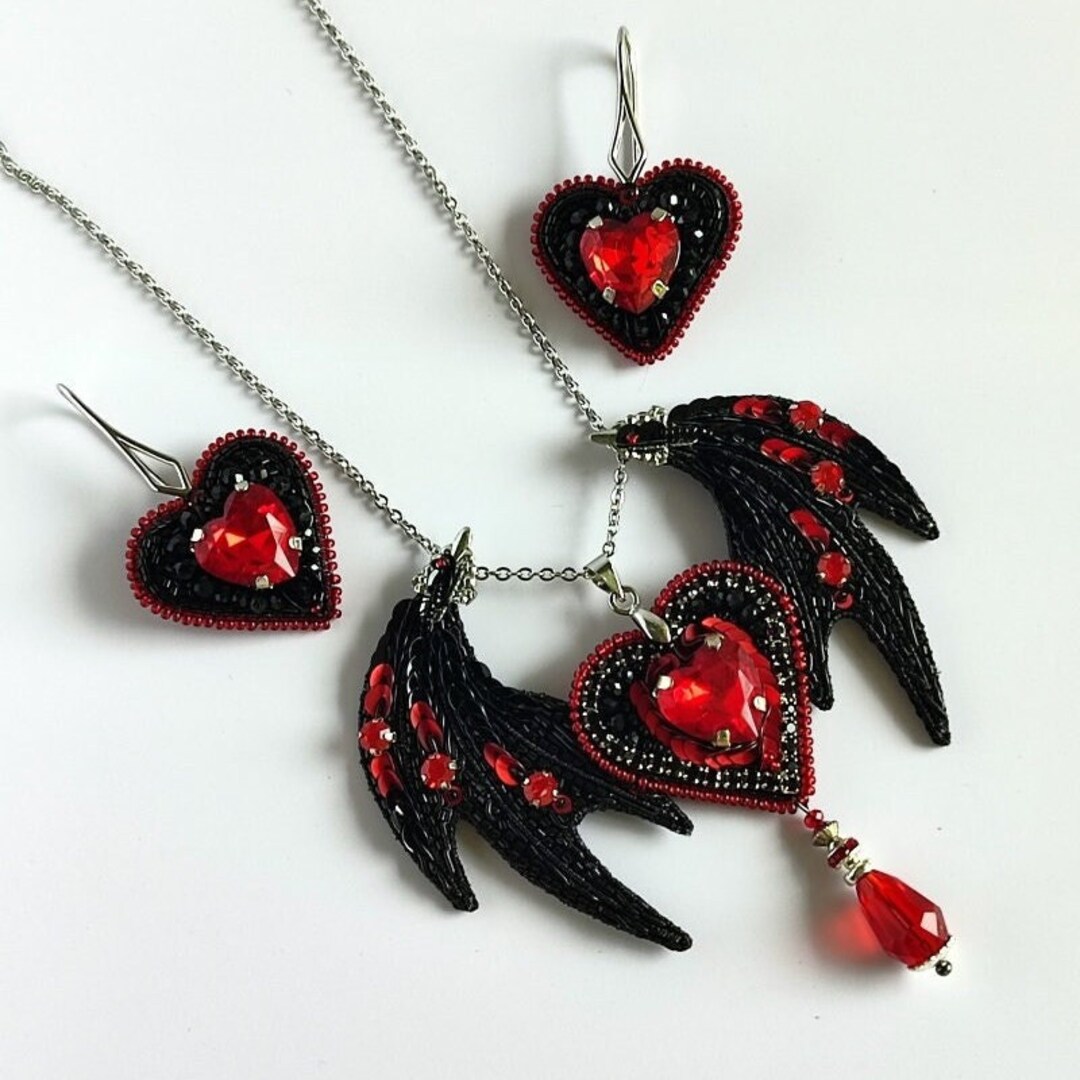 Black Red Gothic Jewelry Set, Dragon Wings Necklace, Heart Earrings