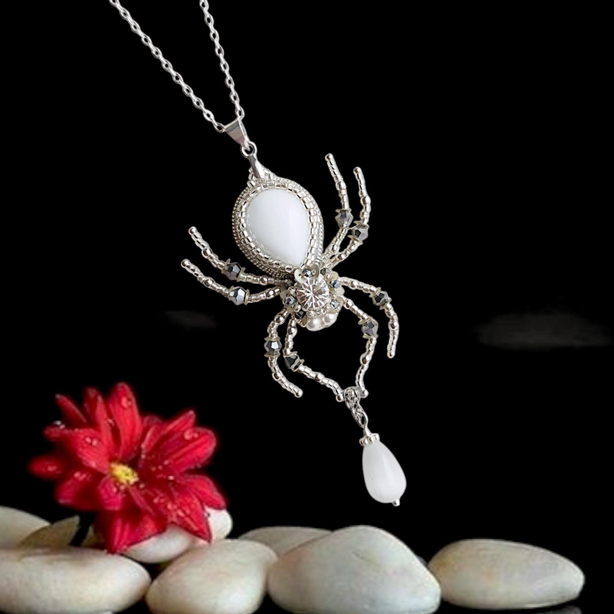 White spider pendant necklace Silver statement insect necklace goth wedding handcrafted gifts Gemstone jewelry festive wear.