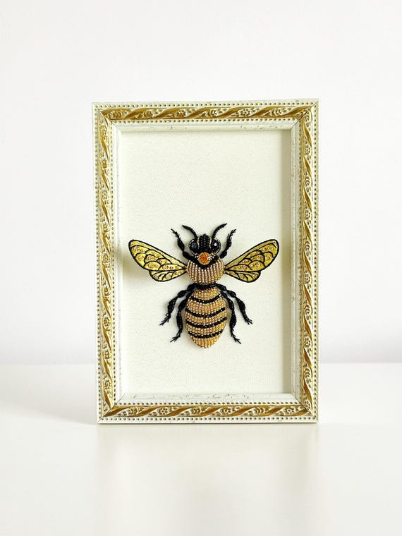 Framed Honey Bee Wall Art - Embroidered Ethical Taxidermy Rustic Cottage Decor