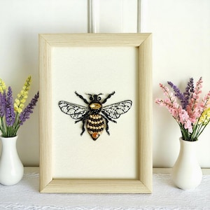 Framed Bee Embroidery Art: Rustic Insect Wall Decor