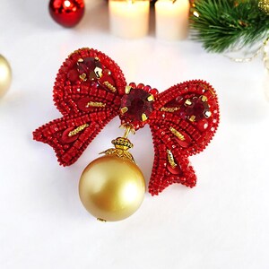 Red ribbon bow pin Cristmas brooch Beaded winters dangling brooch with peral new years gift handcrafted xmas Holiday jewelry gifts.