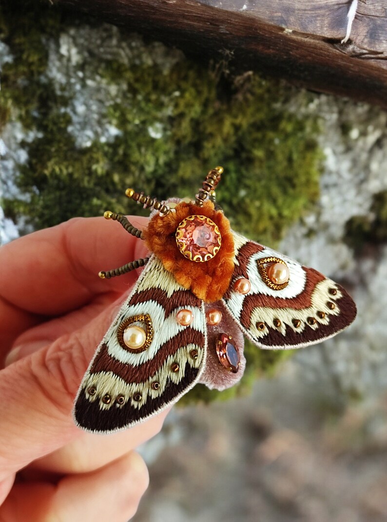 Embroidered moth pin nature lovers gift, Insect pin for nature lovers gift, Unique Christmas gift, Nature inspired gift for women. image 5