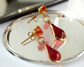 Red droplet earrings, Zircon stud earrings with water drop pendant, Dainty red earrings for bonus sister gift, Everyday earrings.