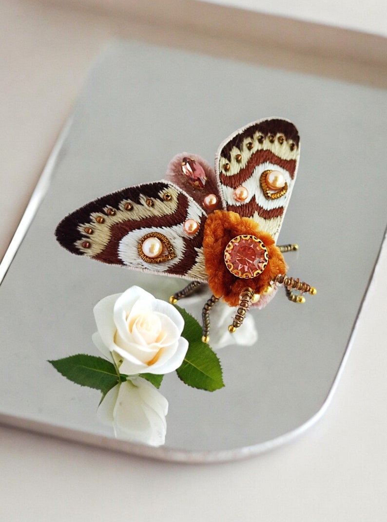 Embroidered Moth brooch for women, Luxury insect jewelry, Design birthday gift, Unique Christmas gift, Nature inspire gift for women. image 3
