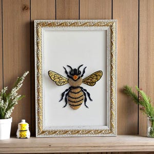 Framed Bee Embroidery Art: Rustic Cottagecore Insect Decor