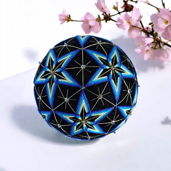 Embroidered Temari Ball, Japanese Inspired Zen Home Decor or Hanging Star Ornament Charm