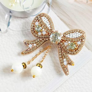 Crystal ribbon brooch Cristmas dangle pin Beaded winters holiday brooch with perals new years gift handcrafted holiday jewelry gifts.