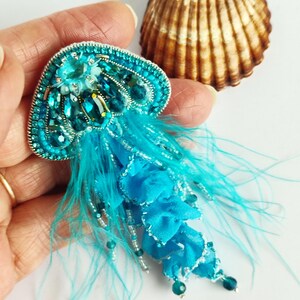 海の生き物、青いクラゲのブローチペンダント、航海ジュエリー、刺繍入りロングネックレス、女性用バケーションウェア、ビーチテーマギフト。