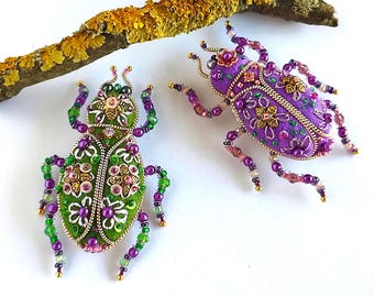 Beaded Beetle Brooch: Embroidered Bug Pin, Vintage Style Jewelry