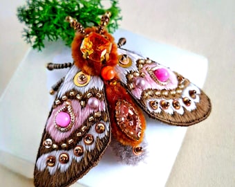 Moth brooch pin, Embroidered insect brooch, Handmade Nature Lover jewelry, Whimsical Bug Accessory