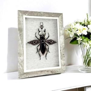 Framed Beetle Embroidered Wall Art: Beaded Insect Decor