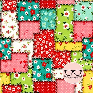 Op de afbeelding: Een patchwork-ontwerp met bloemen- en stippatronen in rood, groen, teal, roze en geel. Het ontwerp heeft witte geschulpte randen, die op een quilt lijken. De afbeelding bevat de tekst "Seamlessbydivya" in een cirkelvormig logo.