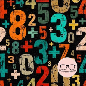 Retro wiskundenummers naadloos digitaal papier voor stoffenprint, noodlijdend terug naar school sublimatiebestand, grunge leraar behang cadeau