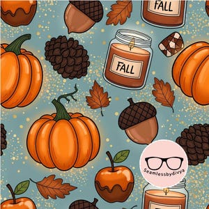 May include: A repeating pattern with orange pumpkins, apples, acorns, pinecones, and autumn leaves on a teal background. The design includes lit candles in glass jars with the word "FALL" on the label, and gold glitter accents.