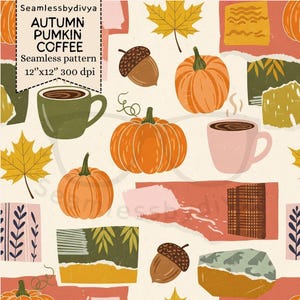 Autumn Pumpkin Spice Coffee Seamless Digital Paper for Fabric Print, Cozy Fall Acorns Leaves Sublimation File, Autumn Wallpaper Pattern